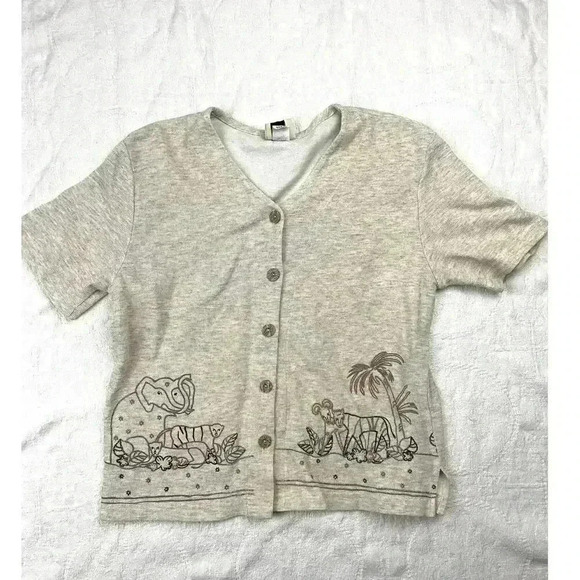 VTG Safari Short Sleeve Teddi Petite Tan Button Up Top Blouse Medium 90's - Picture 11 of 12